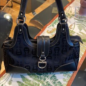 Etienne Aigner Black Shoulder Bag with Leather Straps and Silver Hardware